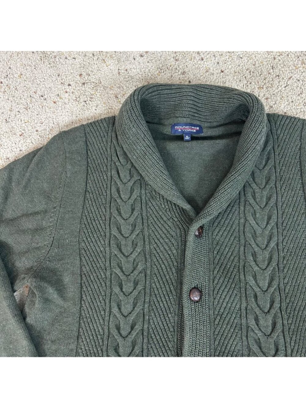 Men's Chunky Cable Knit Cardigan Sweater Green Shawl Collar Size XL - Picture 2 of 5